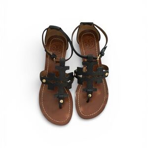 Tory Burch Phoebe Gladiator Sandals Pebbled Leather Logo Black Thong Sz 6